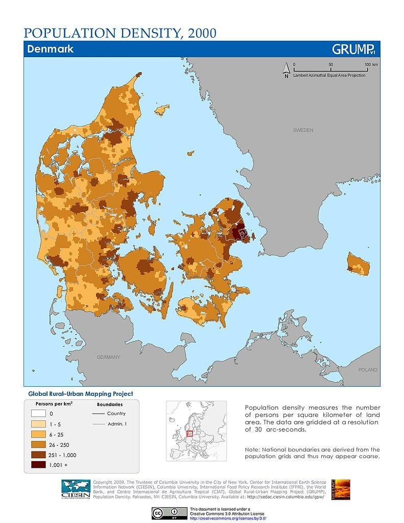 δανία πυκνότητα πληθυσμού χάρτης